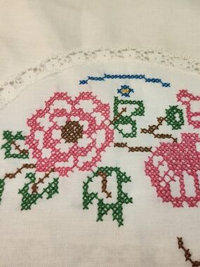 Hand-Embroidered Floral Linen Accent in Pink and Green
